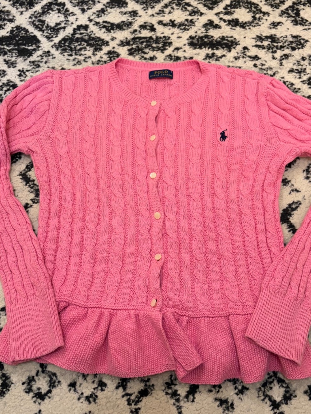 Polo Ralph Lauren Women Cable Knit Pink Cardigan XS Ruffle Cottage Coquette